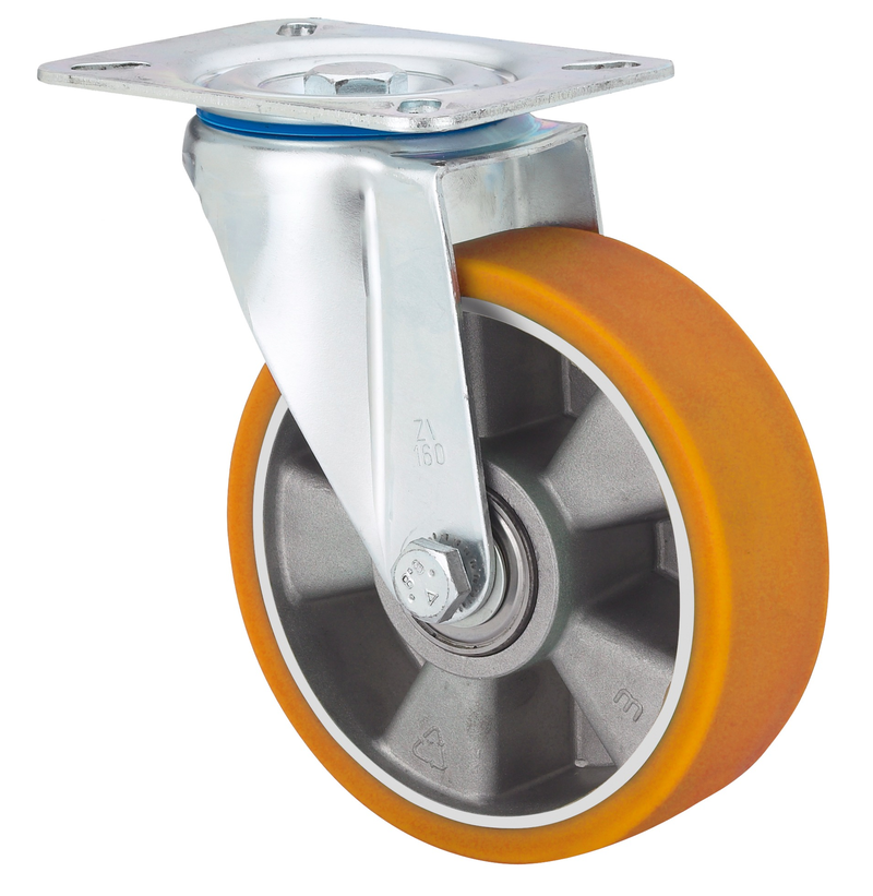 PU aluminium zwenkwiel met topplaat  - 250mm - 400kg Kogellager