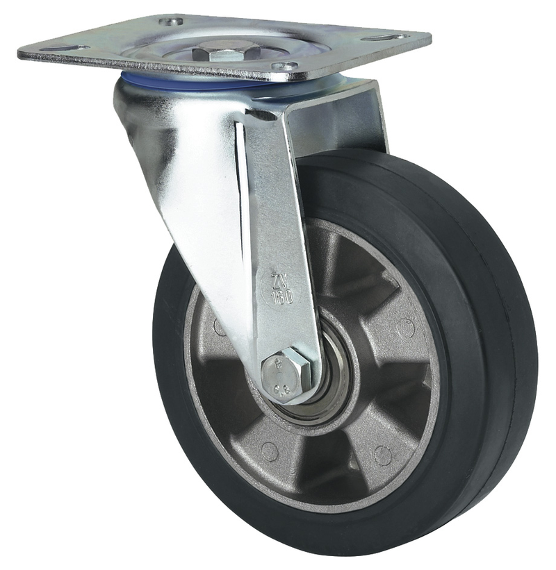 Elastiek rubber aluminium zwenkwiel met topplaat  - 200mm - 400kg Kogellager