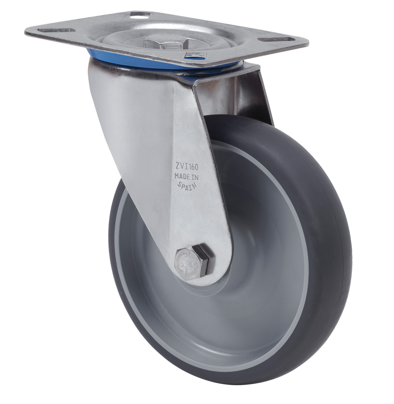 Spuitgegoten Rubber RVS zwenkwiel  met topplaat - 200mm - 180kg