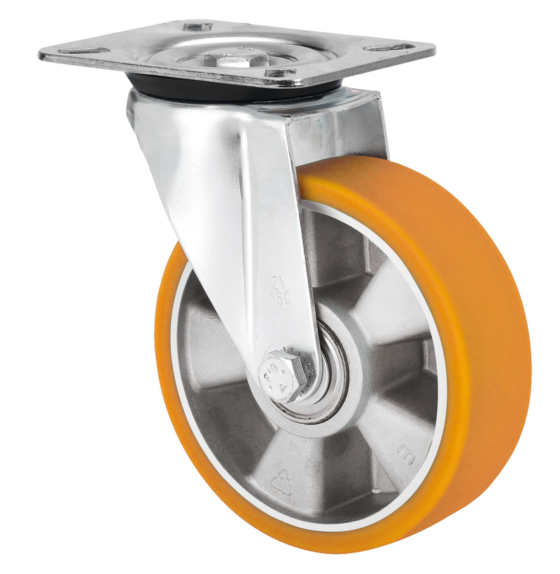 PU aluminium  zwenkwiel met topplaat versterkt  - 200mm - 700kg Kogellager