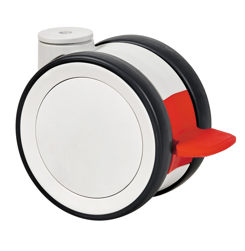 PU voor ziekenhuis Dubbel zwenkwiel geremd met centraal gat - 100mm - 125kg Kogellager