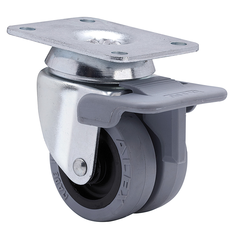 Rubber dubbel zwenkwiel geremd met topplaat - 50mm - 70kg