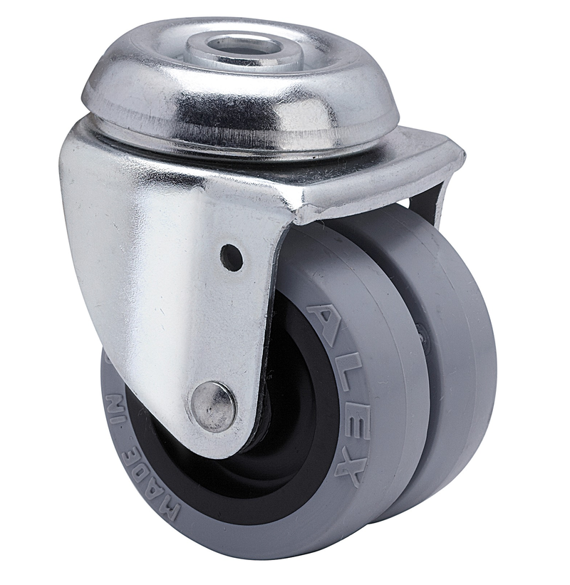 Rubber dubbel zwenkwiel met centraal gat - 50mm - 70kg
