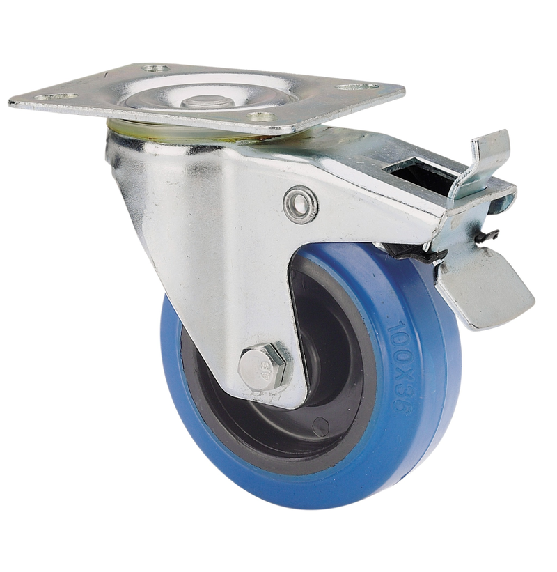 Blauw rubber zwenkwiel geremd met topplaat - 100mm - 120kg Rollen