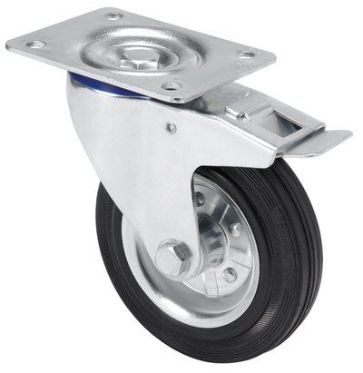 Rubber zwenkwiel geremd met topplaat - 125mm - 120kg Rollen