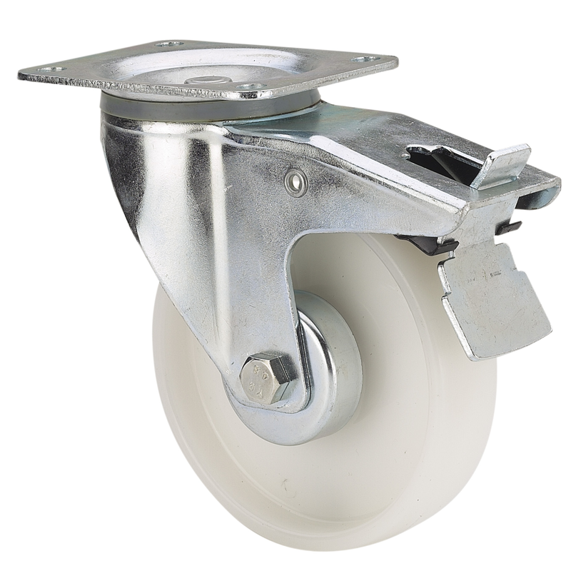 Nylon zwenkwiel geremd met topplaat - 100mm - 150kg
