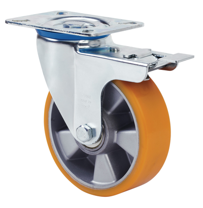 PU aluminium zwenkwiel geremd met topplaat  - 125mm - 250kg Kogellager