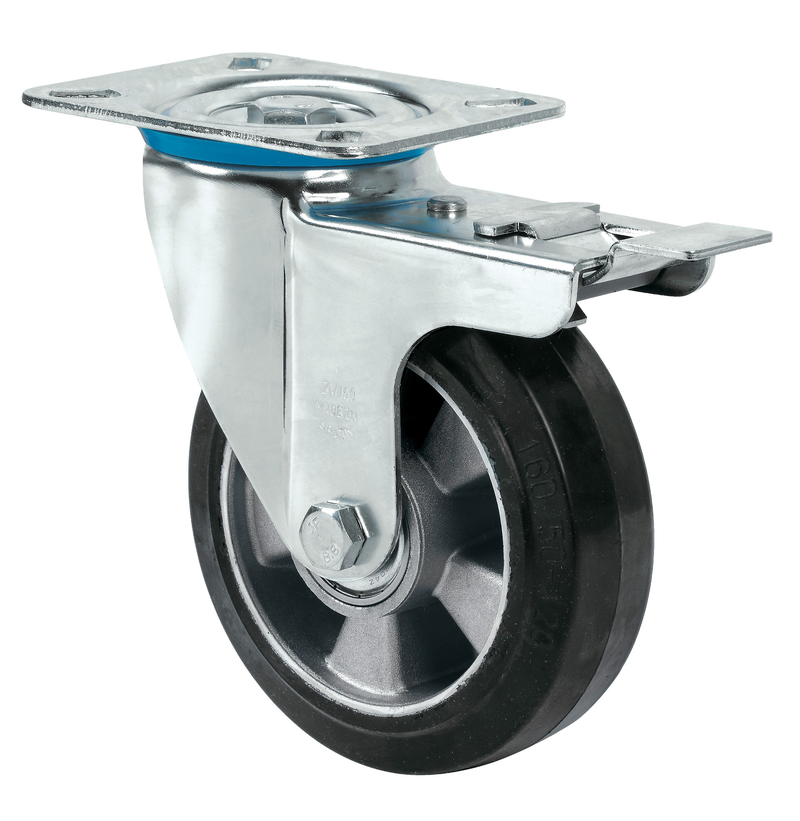 Elastiek rubber aluminium zwenkwiel geremd met topplaat  - 100mm - 200kg Kogellager