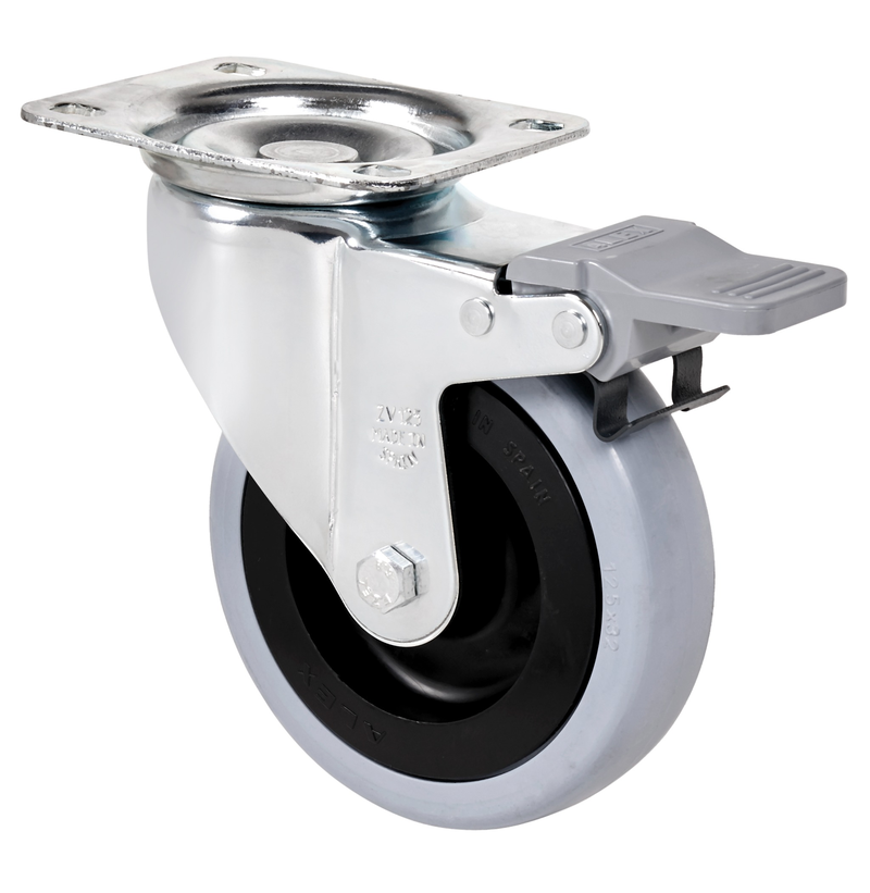 Grijs Rubber zwenkwiel geremd met topplaat- 125mm - 135kg