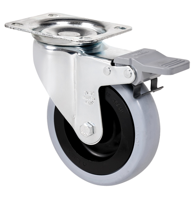 Grijs Rubber zwenkwiel geremd met topplaat- 80mm - 80kg