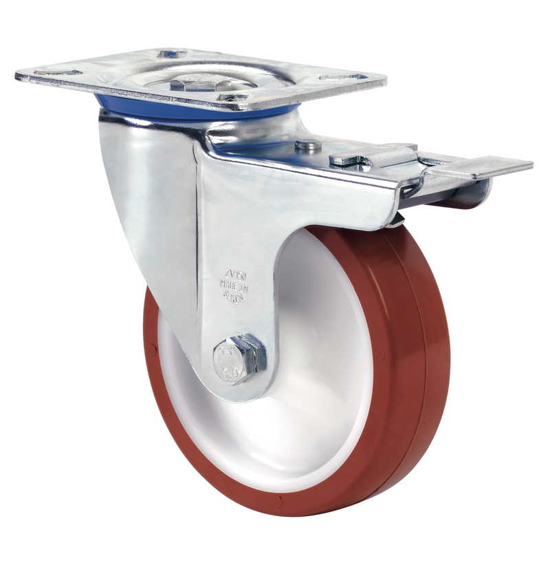 PU zwenkwiel geremd met topplaat - 100mm - 180kg Rollen