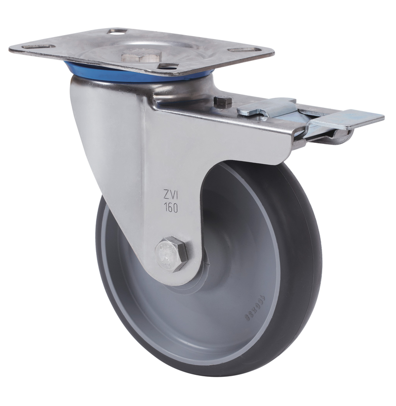 Spuitgegoten Rubber RVS zwenkwiel geremd met topplaat - 200mm - 180kg