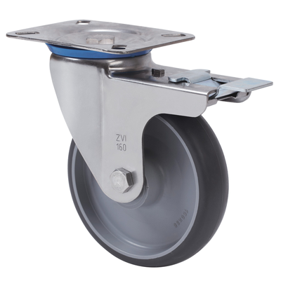 Spuitgegoten Rubber RVS zwenkwiel geremd met topplaat - 125mm - 120kg RVS rollen