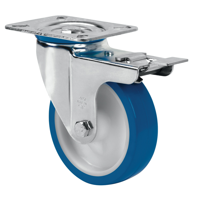 PU RVS zwenkwiel geremd blauw met topplaat - 80mm - 130kg