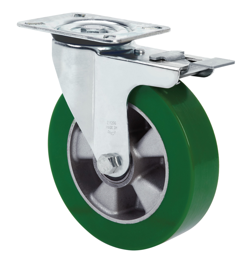 Premium PU aluminium  zwenkwiel geremd met topplaat versterkt  - 200mm - 700kg Kogellager