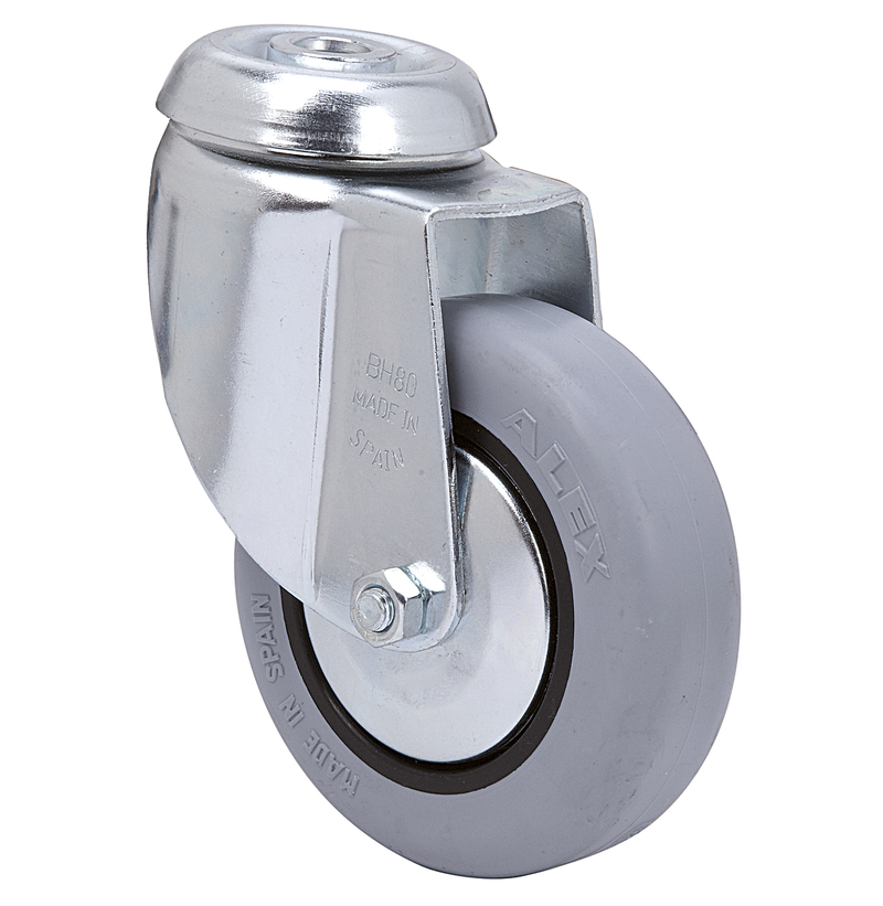 Rubber zwenkwiel met Doorgaand gat- 100mm - 70kg