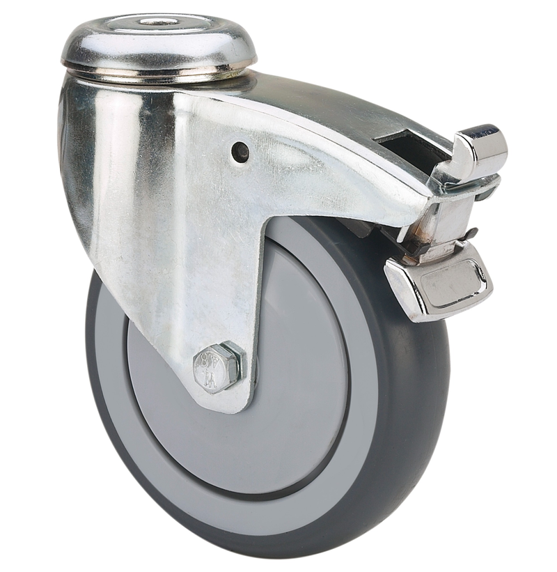 TPR rubber zwenkwiel geremd met centraal gat - 125mm - 100kg- Kogellager