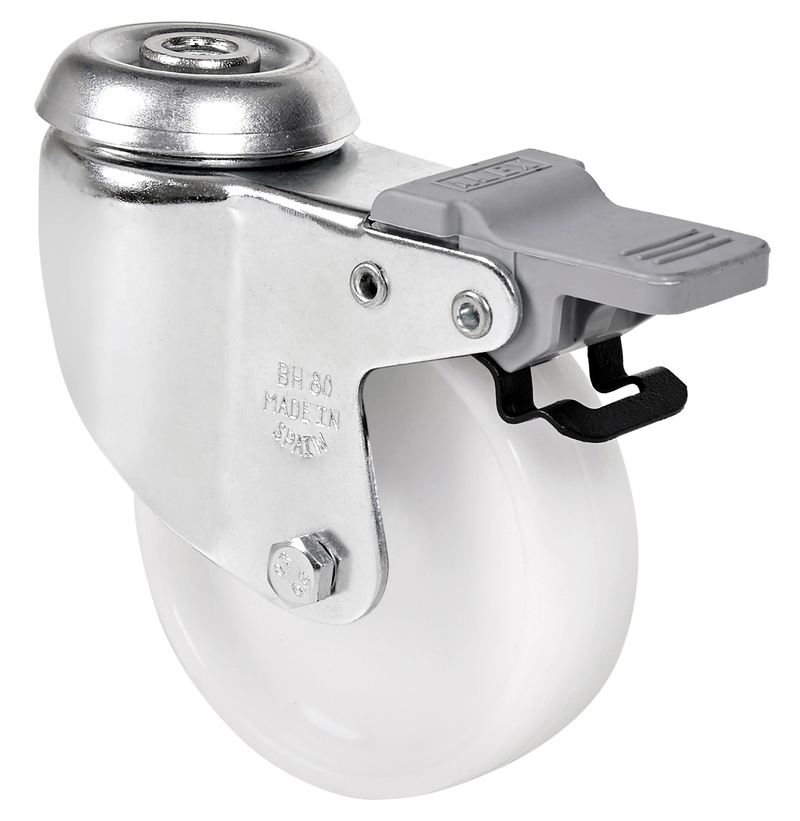 PP zwenkwiel geremd met Doorgaand gat- 100mm - 80kg