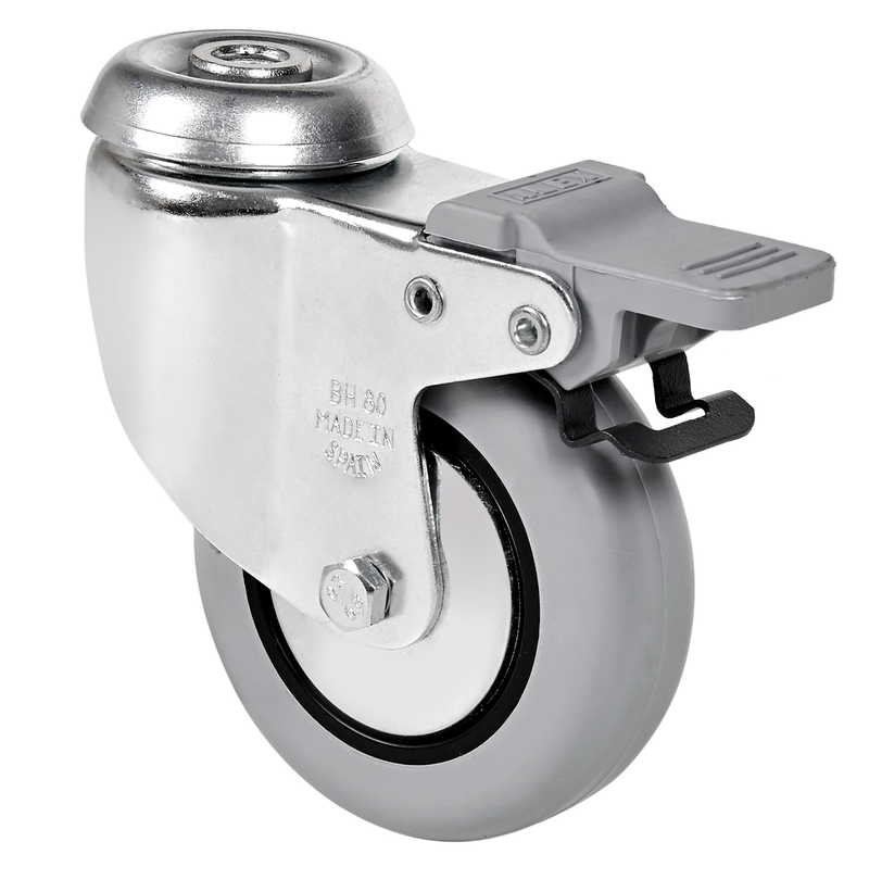 Rubber zwenkwiel geremd met Doorgaand gat- 60mm - 40kg