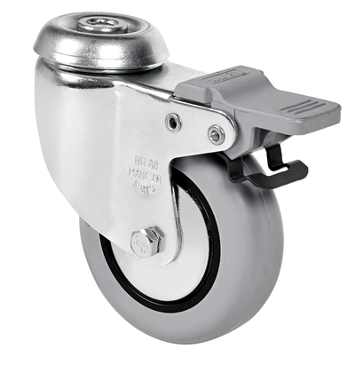 Rubber zwenkwiel geremd met Doorgaand gat- 100mm - 70kg