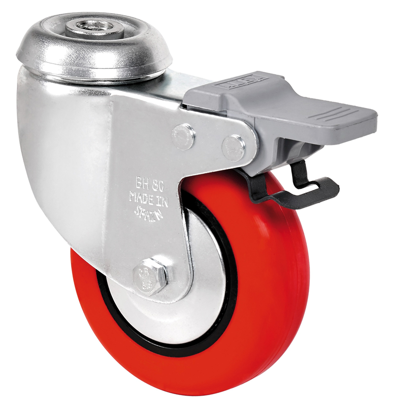 PU zwenkwiel geremd met Doorgaand gat- 100mm - 80kg