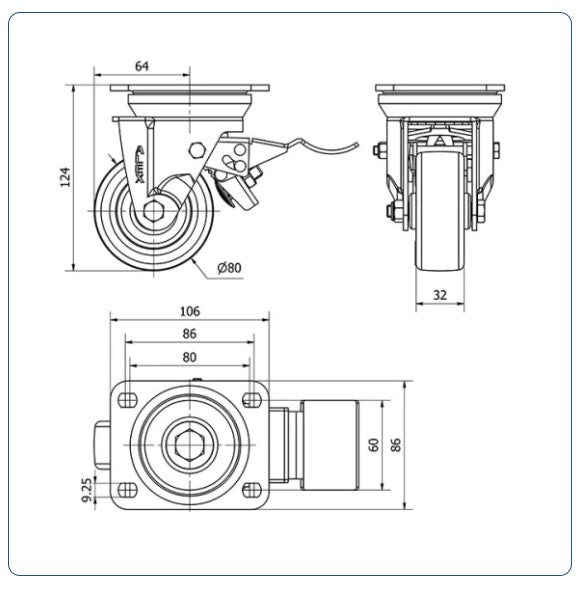 PU zwenkwiel geremd met topplaat - 80mm - 200kg
