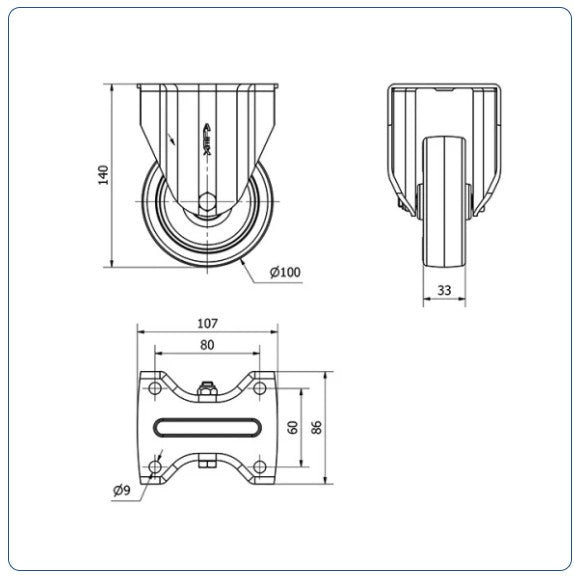PU bokwiel - 100mm - 200kg Kogellager