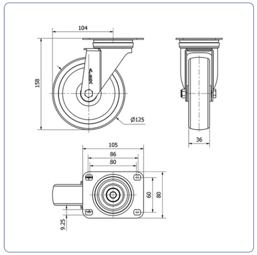 Nylon RVS zwenkwiel met topplaat - 125mm - 250kg