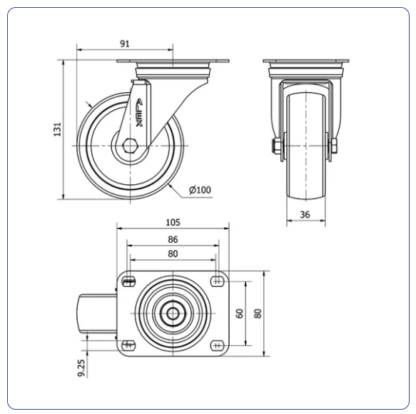 Nylon RVS zwenkwiel met topplaat - 100mm - 200kg
