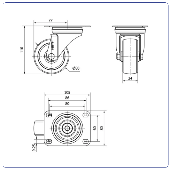 Nylon RVS zwenkwiel met topplaat - 80mm - 200kg