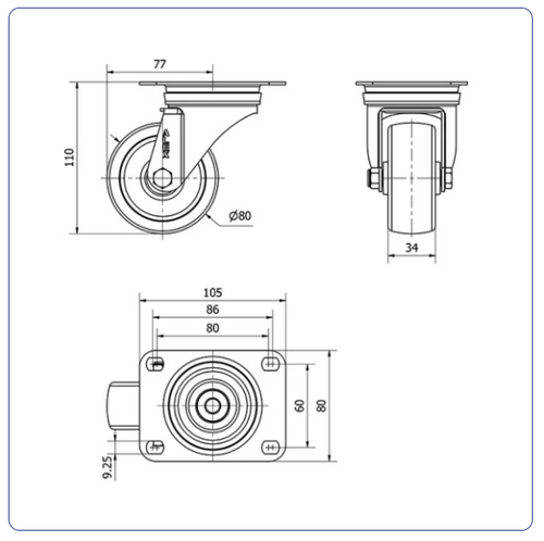 Nylon RVS zwenkwiel met topplaat - 80mm - 200kg