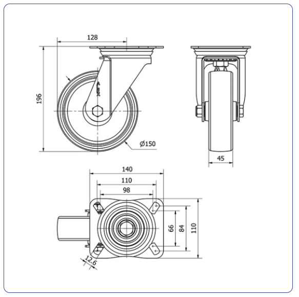 Nylon RVS zwenkwiel met topplaat - 150mm - 400kg