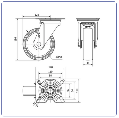 Nylon RVS zwenkwiel met topplaat - 150mm - 400kg