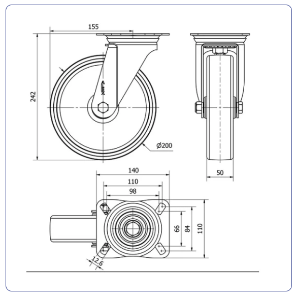Nylon RVS zwenkwiel met topplaat - 200mm - 500kg