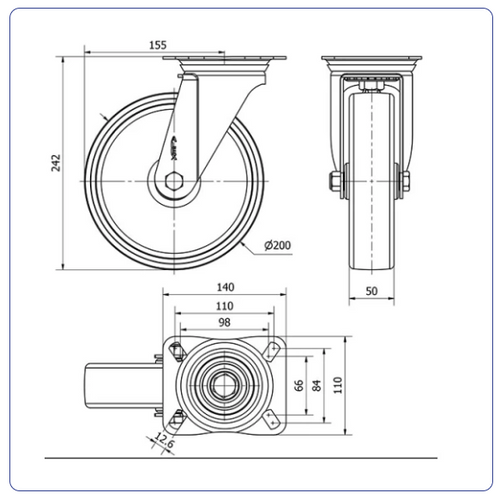 Nylon RVS zwenkwiel met topplaat - 200mm - 500kg