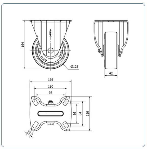 PU bokwiel - 125mm - 300kg