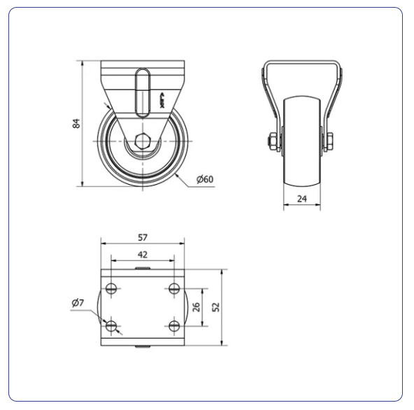 Nylon RVS bokwiel - 60mm - 60kg
