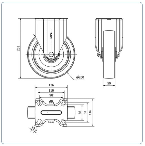 PU bokwiel - 200mm - 600kg Kogellager