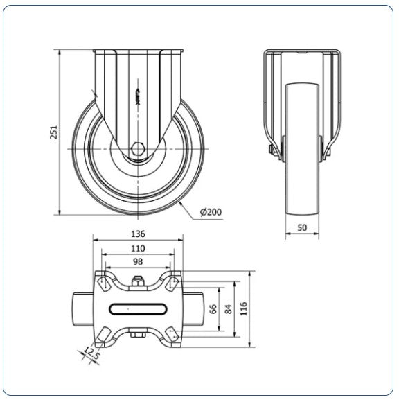 PU bokwiel - 200mm - 600kg