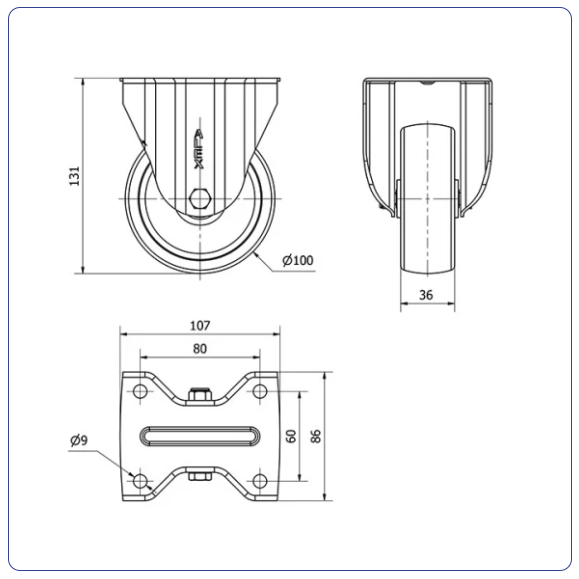 Nylon RVS bokwiel - 100mm - 200kg