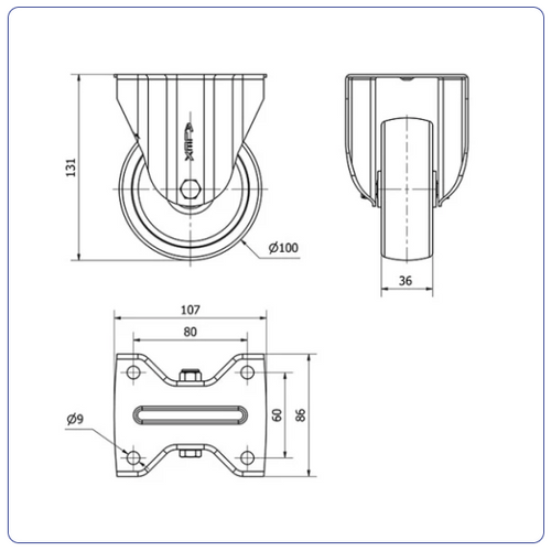 Nylon RVS bokwiel - 100mm - 200kg