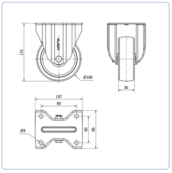 Nylon RVS bokwiel - 80mm - 200kg