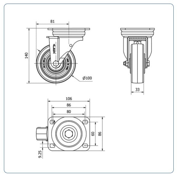 PU zwenkwiel met topplaat - 100mm - 200kg