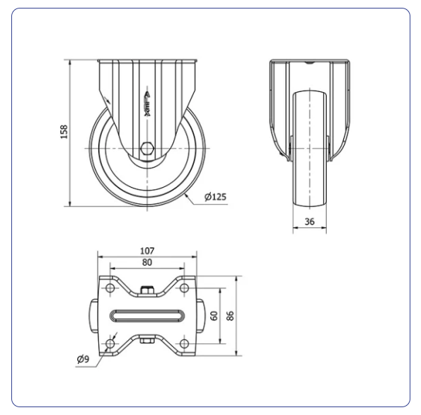 Nylon RVS bokwiel - 125mm - 250kg