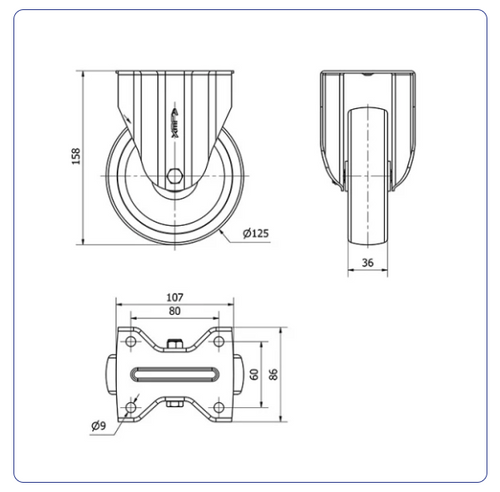 Nylon RVS bokwiel - 125mm - 250kg