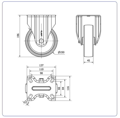 Nylon RVS bokwiel - 150mm - 400kg