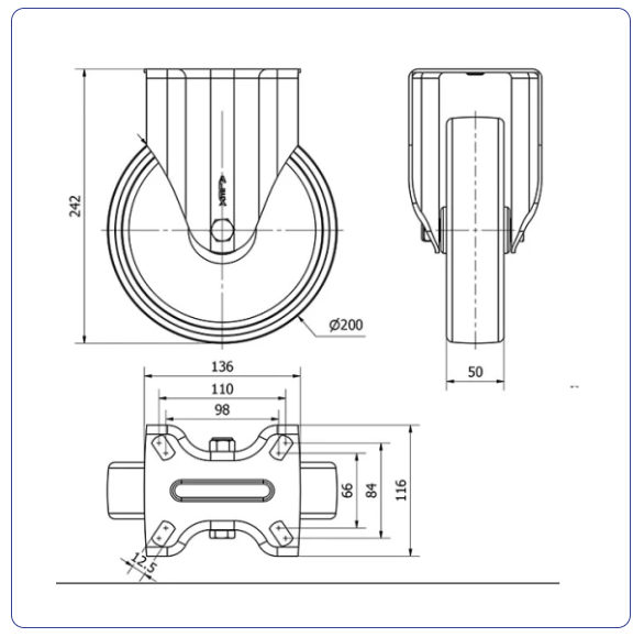 Nylon RVS bokwiel - 200mm - 500kg