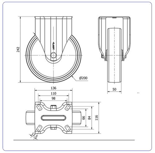 Nylon RVS bokwiel - 200mm - 500kg