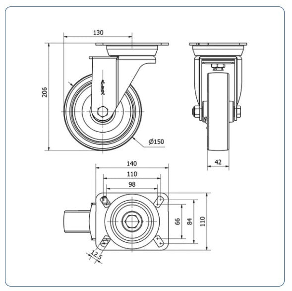 PU zwenkwiel met topplaat - 150mm - 450kg Kogellager