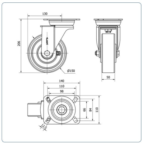 PU zwenkwiel met topplaat - 150mm - 750kg Kogellager